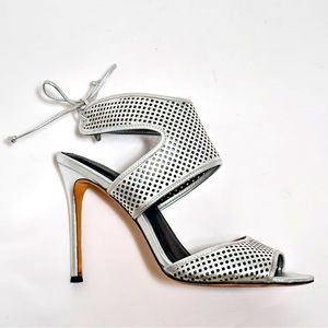 Pour la Victoire Silver Perforated Leather High Heels - Size 8